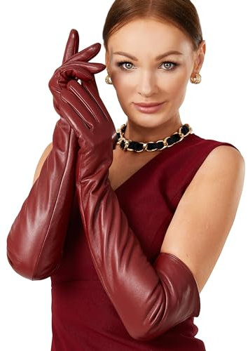 VIKIDEER Warme weiche lange Lederhandschuhe Frauen Plüsch gefüttert Voll Touchscreen Luxus Handschuhe für Abend Oper Arty Kostüm 23,6 '', Rot, 60 cm, Medium