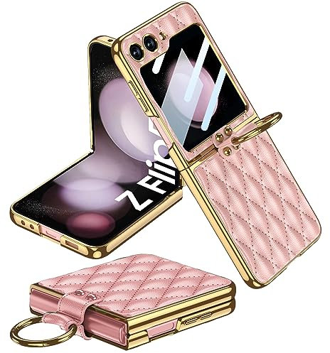 Miimall Custodia in Pelle Compatibile con Samsung z Flip 5, Cavalletto ad Anello Rotante, Telaio Antiurto Elettrodepositato con Pellicola Protettiva per Fotocamera HD, Case a Rombo per Flip 5, Rosa