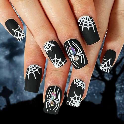 Yatinkim Kurze Halloween Falsche Nägel Schwarz Quadratische Press on Nägel Spinnennetz Strasssteine Maniküre Acryl Künstliche Nägel für Frauen Mädchen 24stück