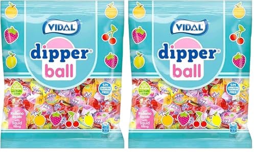 Vidal Golosinas Dipper Ball. Caramelo blando relleno de golosina líquida. Deliciosos sabores frutales: fresa, cereza, limón y naranja. Bolsa 900 gr. (Paquete de 2)