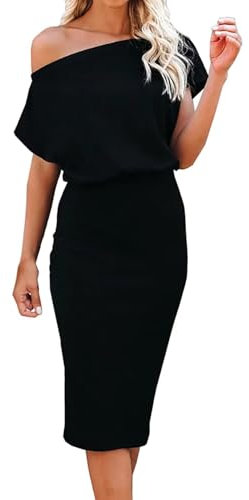 Dressmine Prom Dresses for Women Off Shoulder Batwing Short Sleeve Summer Midi Party Wrap Dress Black Small