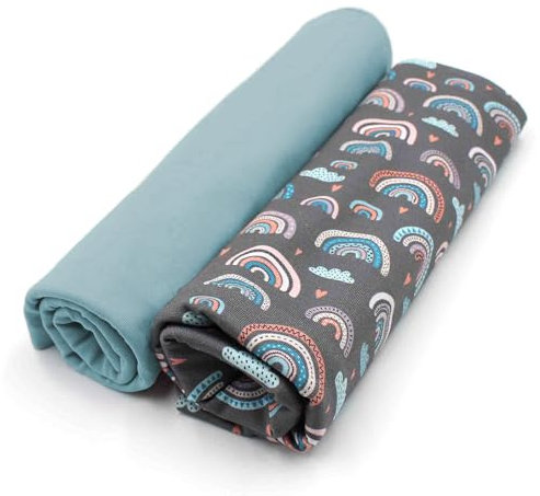 VmG-Store Jerseystoff Set farblich abgestimmt Design + Uni je 0,5mx1,5m 95% Baumwollstoff 5% Elasthan Tex Standard 100 (Regenbogen Pastell Grau + Dunkel Aqua Set15)