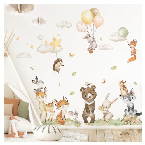 DEKO KINDERZIMMER Wandsticker Babyzimmer Waldtiere Boho Wandtattoo für Babyzimmer Bär Fuchs Hase Wandaufkleber Tiere Spielzimmer Wanddeko DK1141-05