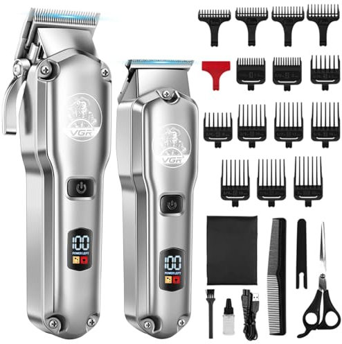 VGR Haarschneider und Trimmer Set für Männer Professional, T-Blade Zero Gapped Bart Trimmer, Schnur/Akku Haarschnitt Kit für Friseure, wiederaufladbare LED-Anzeige, Vatertag Geschenke