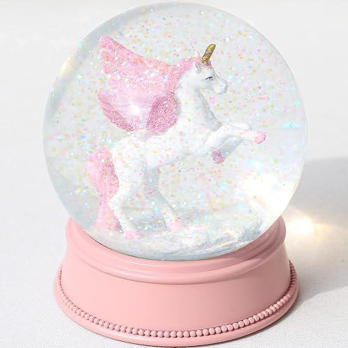 HJANDHJ Einhorn-Schneekugel für Mädchen, 100 mm, rosa Glitzer-Glas-Schneekugel für Kinder, Valentinstag-Schneekugel, Weihnachts- und Geburtstagsgeschenke für Mädchen, Ehefrau, Tochter, Enkelin