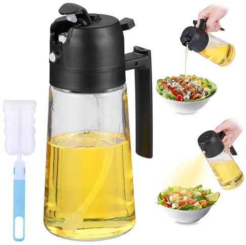 Fentar 2 en 1 Pulverizador Aceite Spray Cristal, 470ml Aceitera Spray Pulverizador, dosificador aceites con Cepillo para Freidora Aire Cocinar, Freidora de Aire,Ensalada, Barbacoa