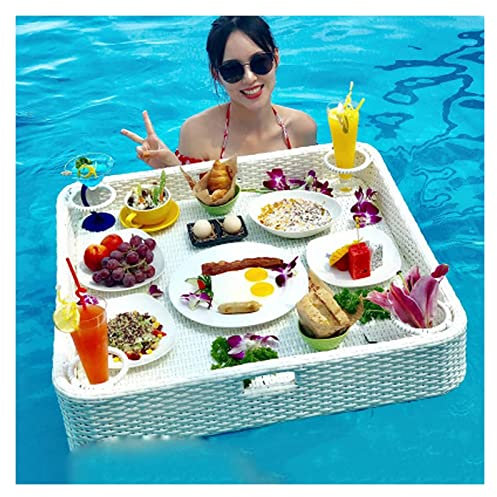 Bandeja Flotante para Servir Mesa con Bandeja para Piscina, Bandeja para Servir Tejida de Ratán de 80X80X20Cm, Bandeja Cuadrada para Comida con Asas, Bandeja Flotante para Piscina Bandeja Flotante pa