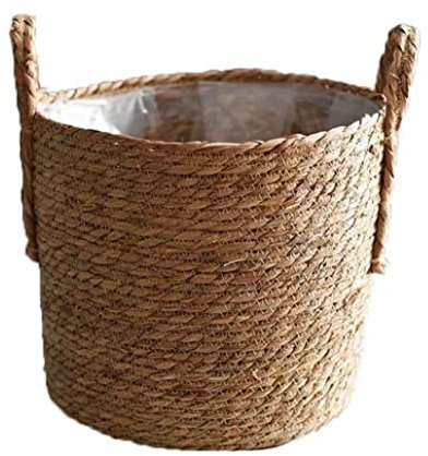 Plant Baskets Seagrass Laundry Basket Seagrass Basket Plant Pot Hand Woven Plant Pot with Leak-Proof Plastic Lining for Garden Balcony Home 35cm Storage Basket