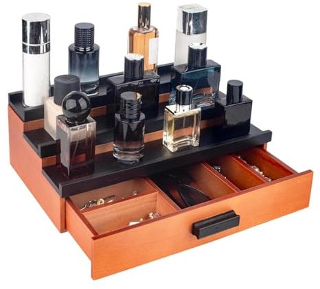 Cokritsm Wooden Cololgne Stand Cologne Organizer for Men Women, 3 Tier Cologne Display Stand with Drawer Storage Organizer Tray for Bedroom, Perfume Stand Organiser