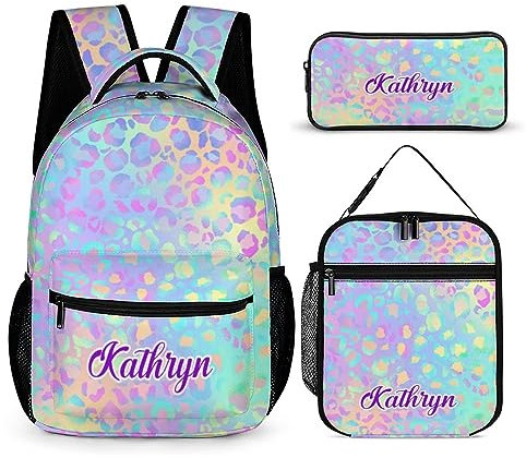 Mochila personalizada con estampado de leopardo arcoíris con nombre personalizado con lonchera y estuche para lápices (estilo-1)