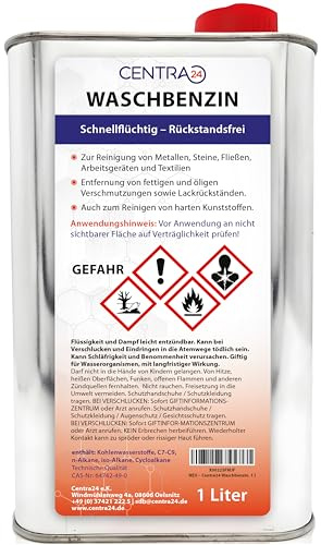 Centra24 Waschbenzin, 1 Liter, Fettlöser, Reinigungsbenzin, rückstandsfrei | als Fleckentferner für Kunststoffe, Textilien | Fettlöser | Siedegrenzbenzin | verdunstet schnell | Handliche Vierkantdose