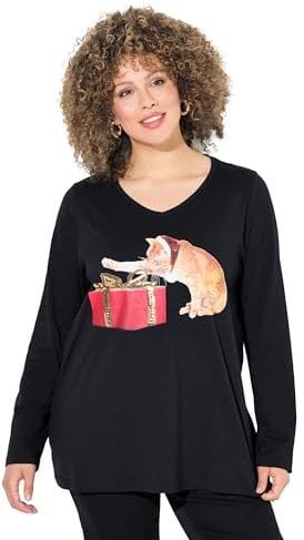 Ulla Popken Damen große Größen Übergrößen Plus Size Weihnachtsshirt, Katze, A-Linie, V-Ausschnitt, Langarm