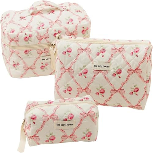 Lot de 3 trousses de maquillage matelassées pour femmes et filles, trousse de maquillage avec nœud mignon, pochette esthétique portable, trousse de toilette, petite trousse de maquillage organisée de