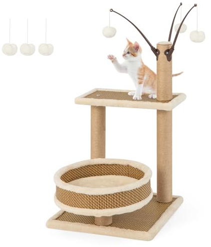 GOPLUS Petit Abre à Chat 79cm, Arbre à Chat avec Tapis en Rotin, Balle Suspendue, Griffoirs en Sisal, Meuble d'escalade en Peluche, Maison de Jeu et Centre d'Activité pour Chats et Chatons (80CM(H))