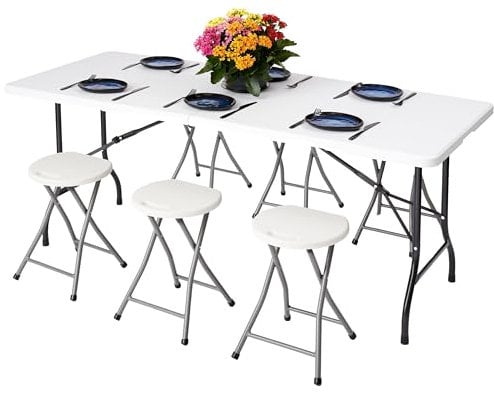 NOVECRAFTO 6ft Folding Table and Folding Stool Set - Foldable Camping Table and Foldable Stool Chair HDPE Plastic and Steel Frame Perfect for BBQ, Garden Party, Picnic, Family Gatherings