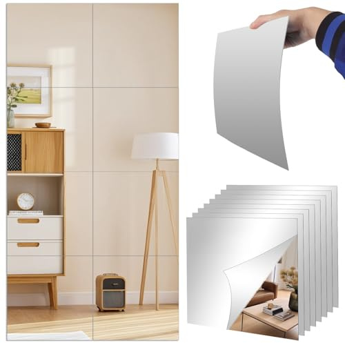 LOPYXBR 8PCS Stick On Mirror Tiles 30 x 30 cm Mirror Full Length Sheets | Self Adhesive Mirror Sheets for Full Length Mirror, Flexible Mirror Stickers for Wall, Wardrobe Door, Bathroom, Bedroom, Gym