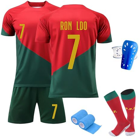 ZSJMY Fußbal Trikot Set Kinder, Nr. 7 Fussball Trainingstrikot, Fans Fußballtrikots, Schnell Trocknendes Atmungsaktives Fußballtrikot Mit Schienbeinschoner