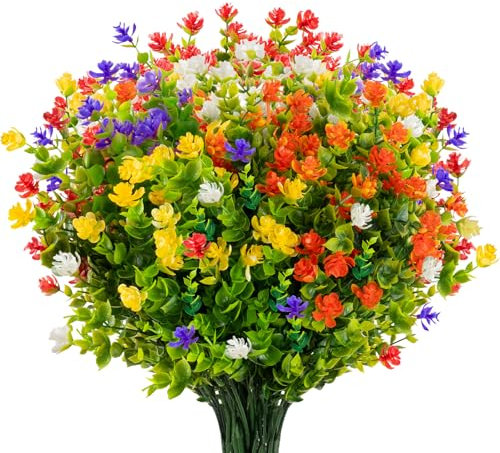 AIOR 10 Bündel Künstliche Pflanzen Büsche Outdoor Deko Künstliche Blumen, Grün UV-beständige Eukalyptus Kunstrasen für Haus Garten, Balkon, Fensterbank Dekor, Mehrfarbig