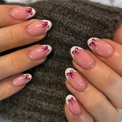 24 Pieces Acrylic Press On Nails Short Almond Glossy Bows Designs French Tip Artificial Nails For Easy Application