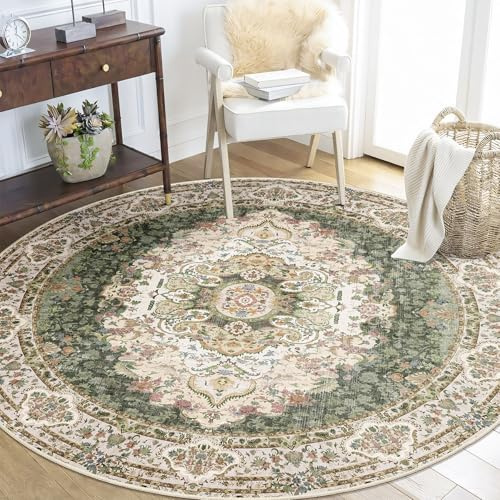 Castage Grüner runder Teppich, 152 cm, rund, Boho-Teppich für Schlafzimmer, Wohnzimmer, waschbar, Vintage, Bohemian-Stil, orientalischer Teppich, rutschfest, Salbei-Blumenmuster