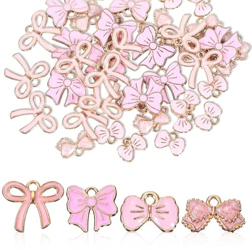 Ouligay 40 Stück Bowknot Anhänger Charms Set, Emaille Schleifen Anhänger Set, 4 Stil Mädchen Rosa Niedliche Metall Charms Anhänger für Armbänder, Schmuck DIY Basteln Geschenke für Mädchen Kinder