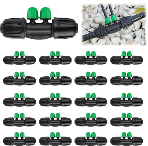 20PCS Locked Barbed Tee Connectors, Kalolary 1/2 to 1/4 Drip Irrigation Fittings Kit 12/16mm to 4/7mm Tube Lock Female Connector 4-Way Barbed Lock Irrigation Parts for Watering System (Black Green)
