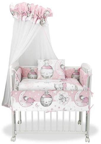Baby Delux Beistellbett Set Babybett Komplett Set Stubenwagen weiß 90x40 mobil mit Rädern inkl. Bettwäsche Matratze (Elefant Mond rosa)