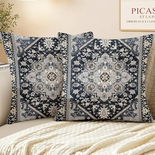 XPHZZL Pack of 2 Bohemian Style Linen Decorative Cushion Covers 65x65 cm Square Throw Pillow Covers 26x26 Inch Boho Style Pillowcases for Outdoor Home Decor Sofa Bedroom Car - Sapphire Blue