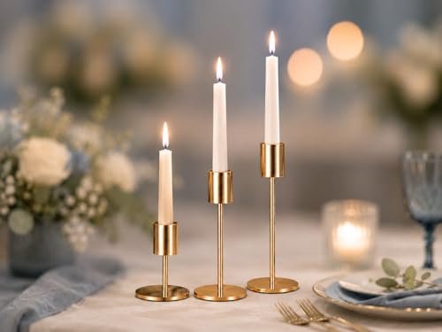 Kerzenständer Set 3 Stück Gold Metall, Hoch 9/14/16cm | Vintage Kerzen Ständer für Abendessen Hochzeit Haus Tischdeko Kamindekoration Kerzenschein