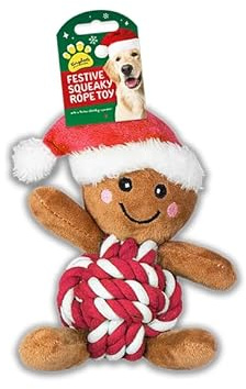 Gem Imports Red Gingerbread Man Rope Plush Christmas Dog Toy – Festive Squeaky Pet Toy with Rope Ball Centre, Durable Holiday Chew & Play Toy for Dogs