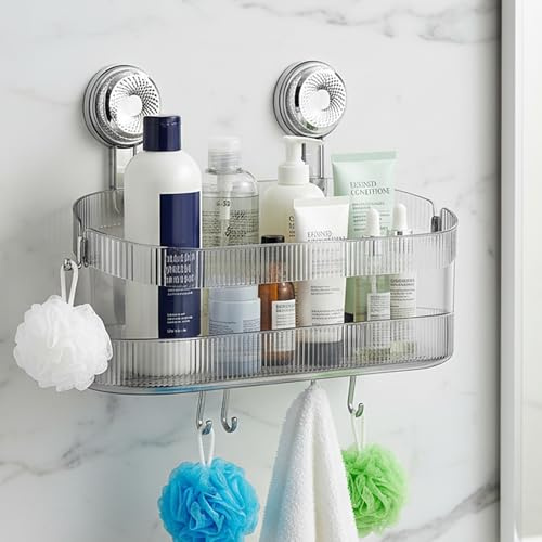 Aohyue Mensola Doccia con Ventosa Potente, Portaoggetti Bagno Grigio Trasparente, Mensola Doccia Senza Foratura con 6 Ganci per Accessori Doccia