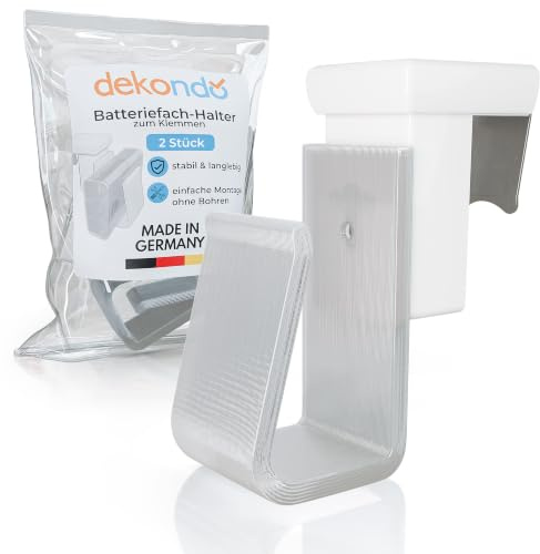 dekondo – 2x Fensterhaken mit Batteriehalter, Batteriefachhalter für Fensterdekoration/Weihnachtsbeleuchtung, Klemmbereich (Rahmenstärke/Fensterdicke) 10-27 mm (A-weiß, für AA Batterien)