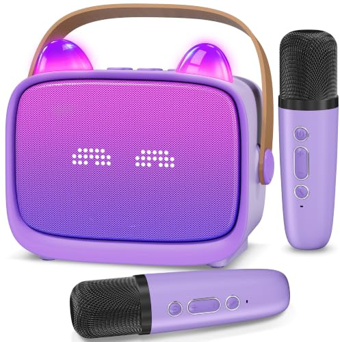 FEMOND Mini Karaoke Machine for Kids with 2 Wireless Microphones, Portable Bluetooth Speaker, Emoji Display, RGB LED Lights, Birthday Gift for Girls & Boys, Home Karaoke, Travel & Parties (Purple)