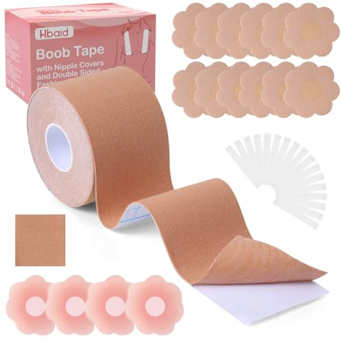 Hbaid Ultimativer Boob Tape für Unsichtbaren Halt – Brust Tape mit 16pcs Nipple Abdeckungen & 41pcs Fashion Tape Strips – Stark haftendes, hautfreundliches Klebeband für Rückenfreie Outfits