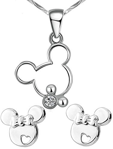 findout Sterling Silber Hohle Mickey Mouse Nette hängende Halskette + Ohrringe .für Frauenmädchen eingestellt. (S1480)