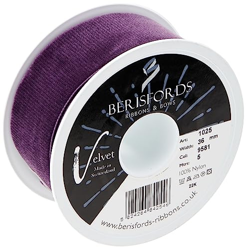 Berisfords Velvet Ribbon Plum 45mm x 10m - Nylon Craft Ribbon for Sewing, Gift Wrapping and Hair Accessories
