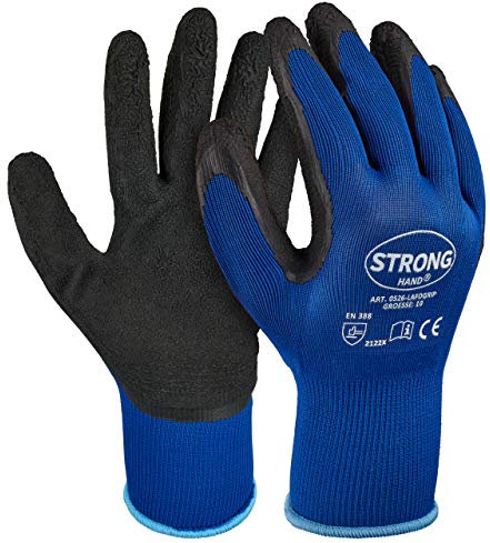 StrongHand 6 Paar Schwarze Arbeitshandschuhe LAFOGRIP Grip Latexhandschuhe Gr. 8-11 plus 1 Paar Gehörschutzstöpsel von 3M //Ideal für Werkstatt und Garten (9/L)