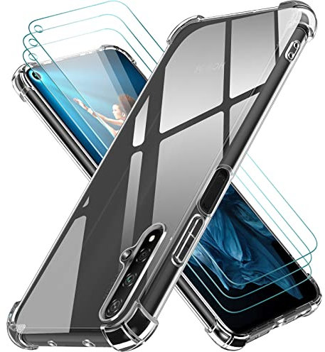 ivoler Coque pour Huawei Nova 5T / Honor 20 avec 3 Pièces Protection Écran en Verre Trempé, Transparent Étui de Protection en Silicone Antichoc, Mince Souple TPU Bumper Housse