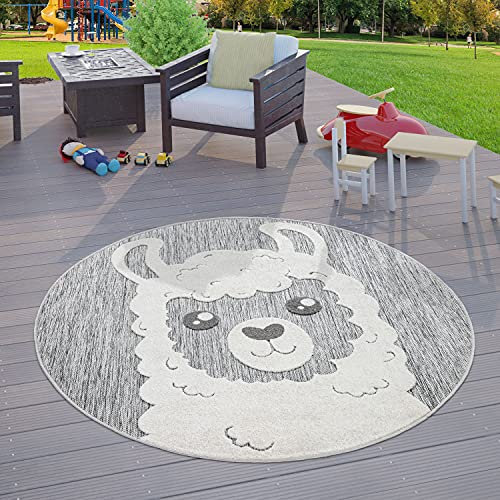 TT Home Kinderzimmer Outdoor Teppich Kinder Rund Spielteppich 3D Optik Lama Grau, Größe:Ø 160 cm Rund