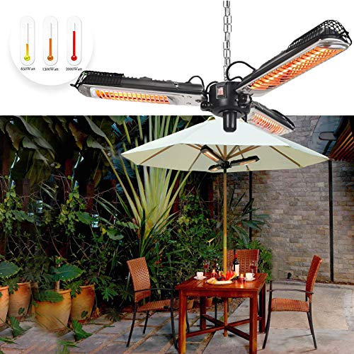 Outdoor Patio Umbrella Heater, Foldable Electric Infrared Parasol Heaters IP34 WaterProof 3 Power Settings(650/1300/2000W) With Chain For Gardens And Commercial Use