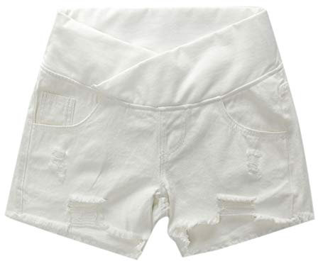 keepmore Taille Basse Denim Maternité Shorts - Été Jeans déchirés pour Femmes Enceintes Pregnancy Shorts avec Poche