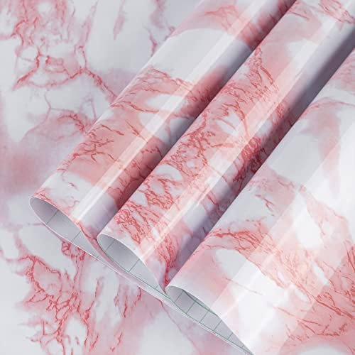 TOTIO Papier peint effet marbre rose brillant épais pour plan de travail,40.6x899.2 cm,Film décoratif amovible en vinyle imperméable et résistant à l'huile,Pour meubles de cuisine, salle de bain