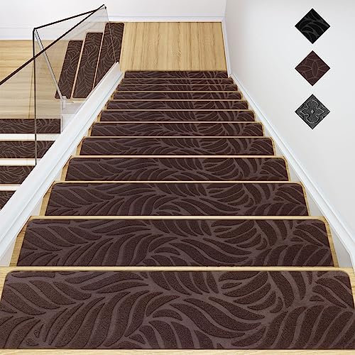 GOYLSER Treppenmatten für Holztreppen-Anti-Rutsch-Treppen-Teppich-Tritte,Filz selbstklebend Stufenmatten innen 15 Stück 76x20cm Braune Bananenblatt