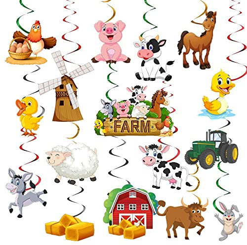 32 Stück Bauernhoftiere hängende Wirbel Party-Dekorationen, Barnyard Kuh Thema hängende Folienwirbel Deckendekoration für Bauernhof, Babyparty, Kindergeburtstagsbedarf (Farm)
