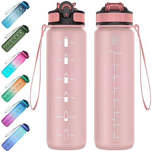 EYQ Bouteilles d'eau avec paille 1 litres, Gourde sport avec Fitness motivant et marqueurs de temps, sans BPA, tritan bouteille d'eau pour Camping, Cyclisme, gym, bureau, course à pied (Couleur Rose)