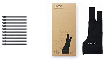 Wacom ACK22211 Set mit 10 Standard-Spitzen für Pro Pen 2, Schwarz & Wacom Drawing Glove – Handschuh zum Zeichnen auf dem Grafik-Display, Black, Unique Size