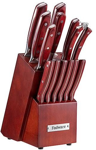 Generic Knife Block Set, 14 Pieces, Red, with Kitchen Shears, Honing Steel, and Storage Block