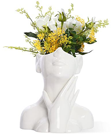 CEMABT Vaso in ceramica bianca, a forma di testa femminile, a mezzo busto, stile bohémien, femminista, minimalista, decorativo, moderno, stile nordico, per casa, soggiorno, ufficio (stile A)