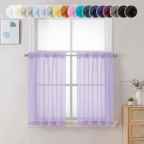Chyhomenyc Lila transparente Vorhänge 91 cm Länge 2 Stoffbahnen, lichtdurchlässige Voile-Vorhänge mit Stangentasche, kurze Fenstervorhänge für Badezimmer, Wohnzimmer, Bauernhaus, kleine Fenster, 106,7