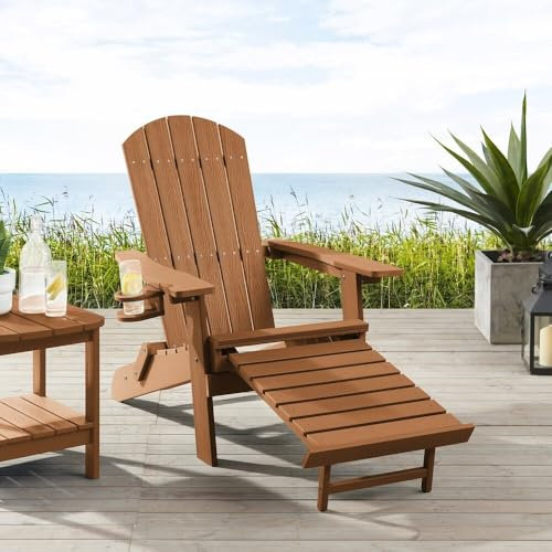 Adirondack Loungesessel Arizona, Mit Fußschemel, Getränkehalter, HIPS Kunststoff, Holz-Optik - für Balkon, Terrasse, Rasen, Kamin (Hellbraun)